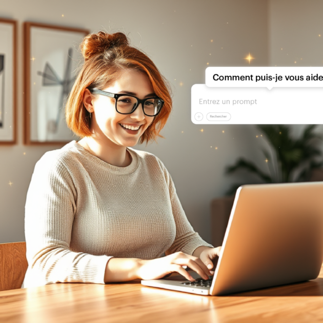 Femme souriante avec lunettes, travaillant sur un ordinateur. Interface de discussion IA affichant "Comment puis-je vous aider ?" et un bloc pour prompter.